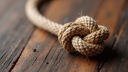 Obraz premium Twine knot on burnt wood plank, soft natural gradient