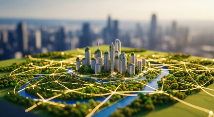 Miniature cityscape integrated with nature, showcasing interconnectedness and sustainable urban planning, symbolizing eco-friendly development and smart city concepts