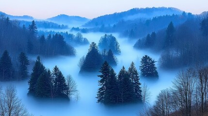 Foggy forest landscape with tall trees shrouded in ethereal fog effects creating a mystical atmosphere