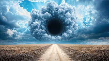 Dirt road in a field featuring a large black hole and vibrant smoke clouds resembling a data tunnel explosion