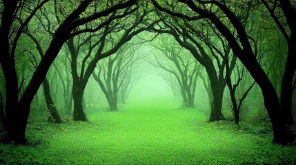 Lush green forest landscape with dense trees and vibrant leaves under soft ethereal lighting