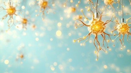 Yellow flowers hanging from ceiling with glowing ethereal neuron holograms in amber tones