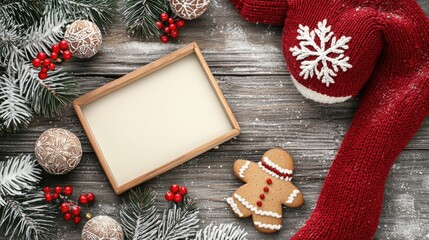 Christmas decorations and a wooden frame on a wooden table showcasing cultural celebration traditions around the world
