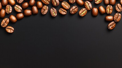 Coffee beans scattered on a black background with additional falling coffee beans creating a dynamic visual effect