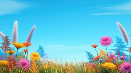Colorful flowers and grass field under blue sky with abstract fractal pattern in the background