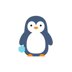Fototapeta premium Cartoon Penguin Holding a Light Blue Hexagon Standing Upright.