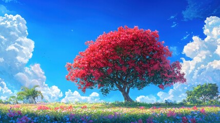 Tree in a field surrounded by fantasy landscape illustrations with vivid colors and imaginative elements