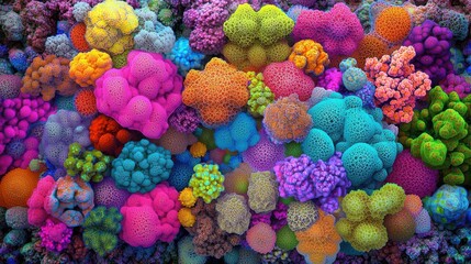 Large group of colorful corals with chaotic fantasy fractal pattern abstract design