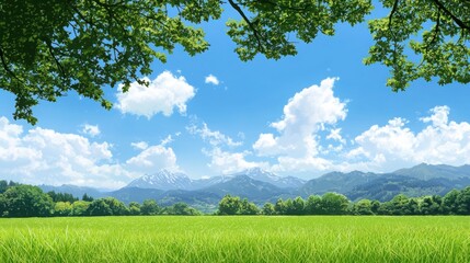 Field with mountain range background and fantasy landscape illustrations in vibrant colors