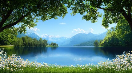Lake with flowers in foreground and illustrated fantasy landscape in the background during a sunny day