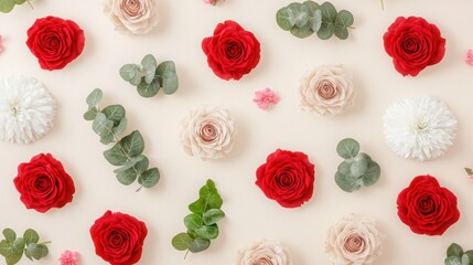 Bunch of red and white roses on white background with floral pattern of beige and red roses