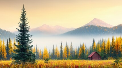 Cabin in the forest surrounded by fog with trees and space for text in a nature landscape