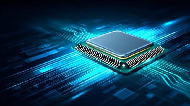 Sleek square-shaped metallic computer chip mounted on green circuit board with parallel pins, surrounded by dynamic blue digital patterns, radiating high-tech energy and connectivity.