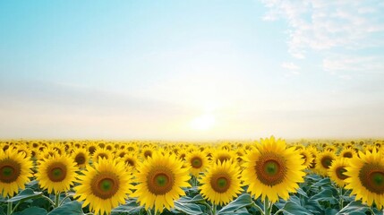 Sunflowers in a field with fog rolling over creating a whimsical atmosphere in nature landscape