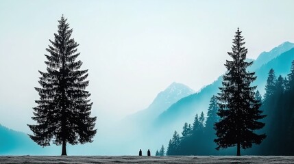 Two trees in a field with foggy hill silhouettes in the background and ample copy space for text or graphics