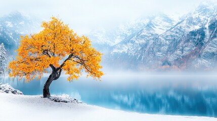 Foggy lakeside view with a tree featuring yellow leaves and ample copy space for text