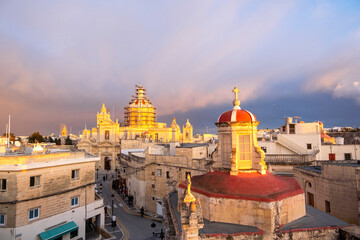 Rabat skyline with St Paul church dome on the left during sunset, Rabat Mdina, Malta