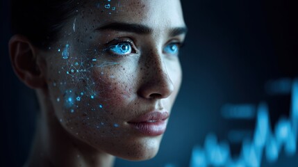 Close up of a woman with glowing blue eyes and digital interface on her face