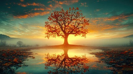 Tree with red leaves in foggy morning reflecting on still water surface