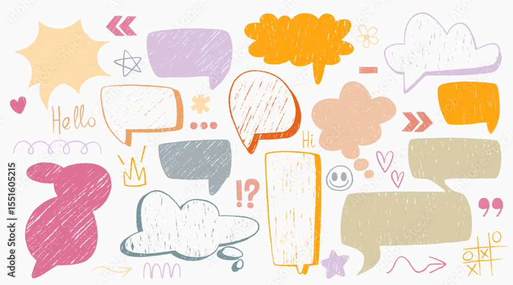 Poster hand drawn crayon speech bubble collection in colorful sketchy style. various shapes of clouds and h