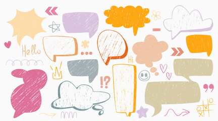 Hand drawn crayon speech bubble collection in colorful sketchy style. Various shapes of clouds and hearts, stars and text balloons with scribbled texture for playful messaging and children designs.