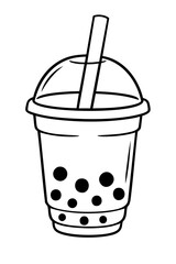 A white plastic cup containing a red beverage with a straw sits isolated next to a child's sand bucket and spade