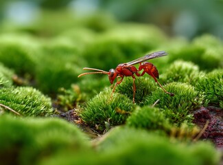 Inland Red Wasp and Ant playing on green moss, macro photography, shallow depth of field, stock photo style