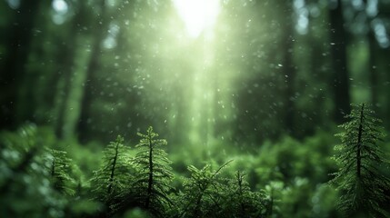 Fototapeta premium A breathtaking view of light streaming through a rich green forest, highlighting the beauty of nature and evoking a sense of peace and tranquility among abundant greenery.
