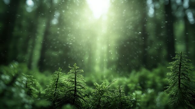 A breathtaking view of light streaming through a rich green forest, highlighting the beauty of nature and evoking a sense of peace and tranquility among abundant greenery.