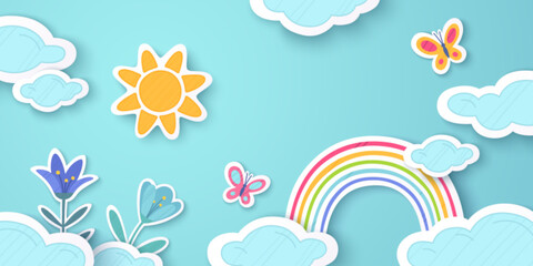 Paper cut rainbow scene with colorful arch between clouds on blue sky background - yellow sun, butterflies, flowers in layered style for kids decoration. Spring craft design with bright stripes arc.