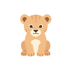 Cartoon Lion Cub Sitting with Simplified Facial Features and Light Brown Fur.