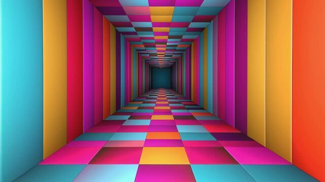Hypnotic journey down a vibrant corridor with bright walls and floor panels, creating a disorienting and high-energy abstract background for visual themes.