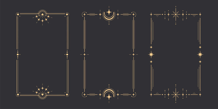 Golden tarot frame collection with celestial moon symbols on dark background - mystical rectangular borders with stars, crescents and ornate corner for spiritual card design. Elegant occult decoration