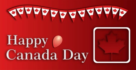 Red Canada Day Celebration Background with Maple Leaf Banners and Balloon