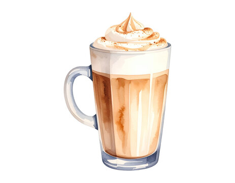 Watercolor illustration of latte coffee. Coffee watercolor illustration on transparent background.