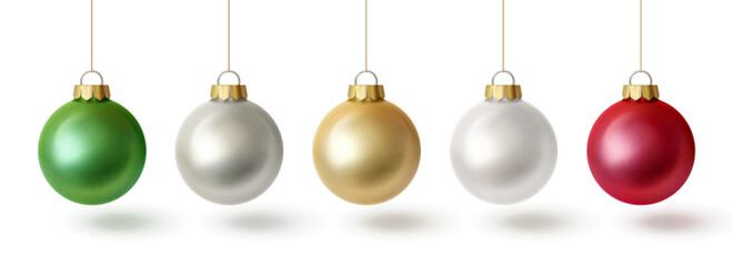 Christmas tree bauble set in 3d realistic glass style - green, silver, gold, white and red ornaments hanging on strings with golden caps, isolated on white background for holiday decoration designs.