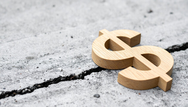 Wooden dollar sign on cracked concrete. Symbol of financial stability under pressure.