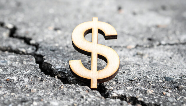 Wooden dollar sign on cracked concrete. Symbol of financial stability under pressure.