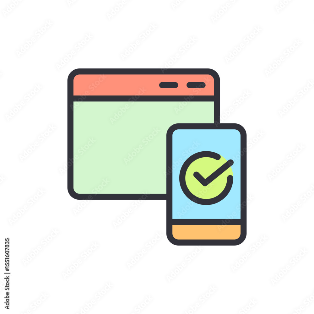 Poster website and mobile synchronization with confirmation checkmark icon