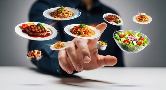 Man hand reaching out to floating plates of food and salad. Digital menu selection and augmented reality dining concept.