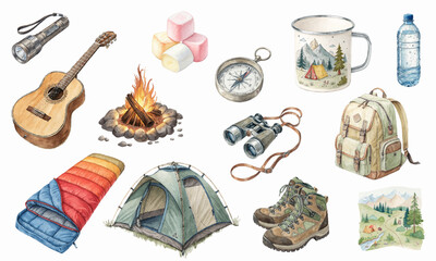 Watercolor Camping Clipart Set  Adventure and Hiking Essentials