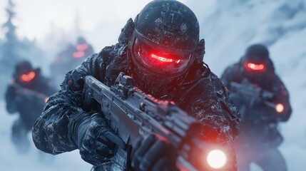 A squad of futuristic soldiers clad in dark gear, equipped with glowing red visors, advanced weaponry, and ready for action in a snowy, hostile environment.