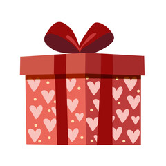 Red gift box with hearts and a ribbon bow. Present for birthday, anniversary, or Valentine's Day. Love and celebration concept illustration.