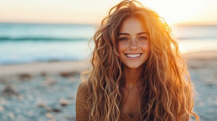 A joyful woman with sun-kissed hair and a radiant smile poses against a stunning sunset at the beach, symbolizing freedom, happiness, and the beauty of life’s simple pleasures.