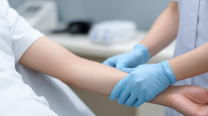 Obraz premium Healthcare worker preparing arm for fluid donation, wearing blue gloves, demonstrating professionalism and care in clinical setting. atmosphere is calm and focused