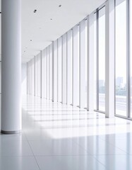 Empty modern office building interior corridor with geometric architectural design, 3D render