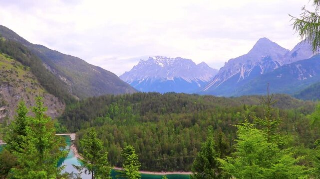 Panoramic view Zugspitze mountain alpine landscape in Alps Tyrol Austria.