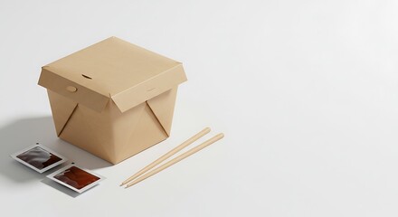 Fototapeta premium Takeout meal box with chopsticks and sauce packets on a white surface