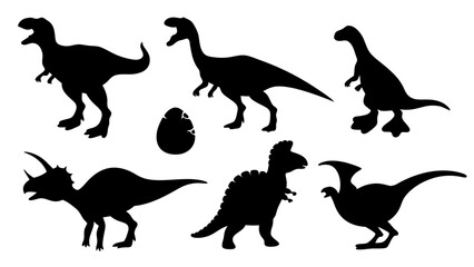 Vector illustration of dinosaur silhouette including Stegosaurus, Brontosaurus, Velociraptor, Triceratops, Tyrannosaurus rex