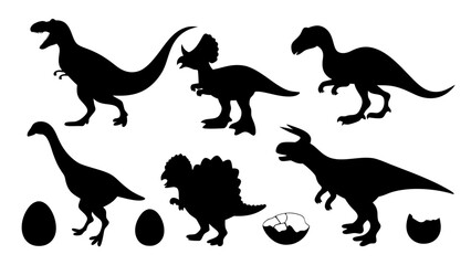 Vector illustration of dinosaur silhouette including Stegosaurus, Brontosaurus, Velociraptor, Triceratops, Tyrannosaurus rex